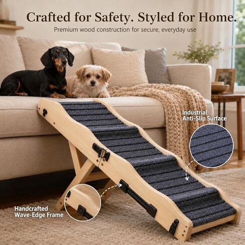 2026 Upgraded Dog Ramp for Couch & Low Bed, 33" L Folding Wood Pet Ramp 200LB Capacity, 4-Level Adjustable Height 11"-20", Non-Slip Sturdy Puppy Ramp for Small & Senior Dogs, Joint Relief, Wavy Design in Kuwait