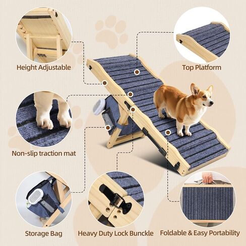2026 Upgraded Dog Ramp for Couch & Low Bed, 33" L Folding Wood Pet Ramp 200LB Capacity, 4-Level Adjustable Height 11"-20", Non-Slip Sturdy Puppy Ramp for Small & Senior Dogs, Joint Relief, Wavy Design in Kuwait