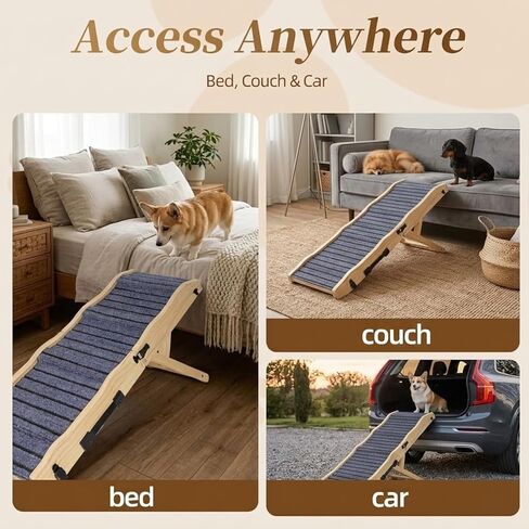 2026 Upgraded Dog Ramp for Couch & Low Bed, 33" L Folding Wood Pet Ramp 200LB Capacity, 4-Level Adjustable Height 11"-20", Non-Slip Sturdy Puppy Ramp for Small & Senior Dogs, Joint Relief, Wavy Design in Kuwait