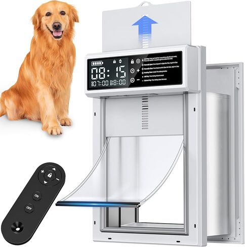 Automatic Dog Door with Timer, Smart Electric Pet Door with Anti-Pinch Sensor, Rechargeable 4000mAh Battery Powered, Waterproof LCD Screen with Safe Lock, Fits Small Medium Large Dogs Doors in Kuwait