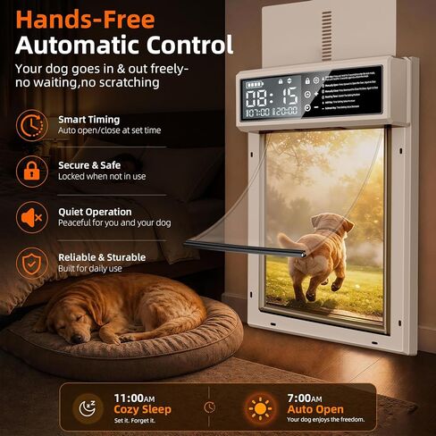 Automatic Dog Door with Timer, Smart Electric Pet Door with Anti-Pinch Sensor, Rechargeable 4000mAh Battery Powered, Waterproof LCD Screen with Safe Lock, Fits Small Medium Large Dogs Doors in Kuwait