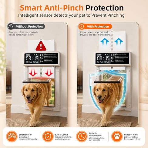 Automatic Dog Door with Timer, Smart Electric Pet Door with Anti-Pinch Sensor, Rechargeable 4000mAh Battery Powered, Waterproof LCD Screen with Safe Lock, Fits Small Medium Large Dogs Doors in Kuwait