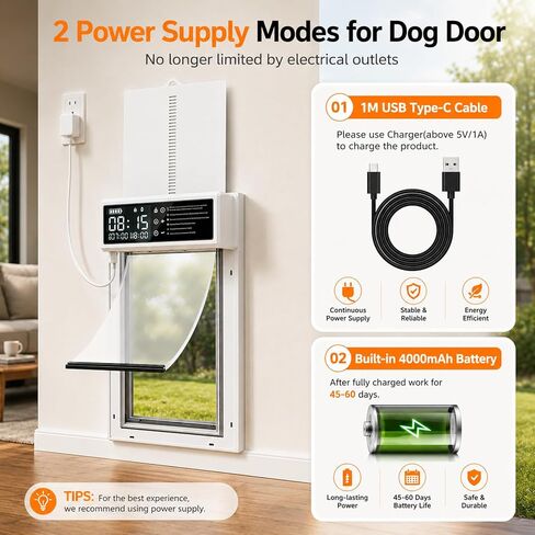 Automatic Dog Door with Timer, Smart Electric Pet Door with Anti-Pinch Sensor, Rechargeable 4000mAh Battery Powered, Waterproof LCD Screen with Safe Lock, Fits Small Medium Large Dogs Doors in Kuwait