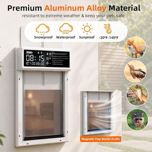 Automatic Dog Door with Timer, Smart Electric Pet Door with Anti-Pinch Sensor, Rechargeable 4000mAh Battery Powered, Waterproof LCD Screen with Safe Lock, Fits Small Medium Large Dogs Doors in Kuwait