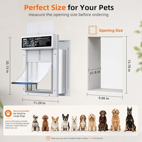 Automatic Dog Door with Timer, Smart Electric Pet Door with Anti-Pinch Sensor, Rechargeable 4000mAh Battery Powered, Waterproof LCD Screen with Safe Lock, Fits Small Medium Large Dogs Doors in Kuwait
