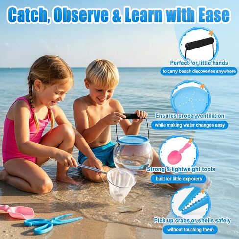 Kids Beach Exploration Kit, Catch & Release Aquarium Toy Set with Net, Crab Tongs, Sand Shovels & Clear Critter Keeper, Beach Toys for Kids Ages 2–12 (Beach, Lake, River) in Kuwait