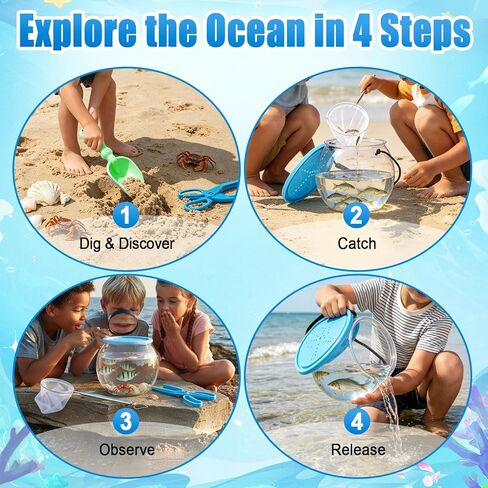 Kids Beach Exploration Kit, Catch & Release Aquarium Toy Set with Net, Crab Tongs, Sand Shovels & Clear Critter Keeper, Beach Toys for Kids Ages 2–12 (Beach, Lake, River) in Kuwait