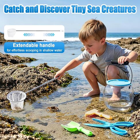 Kids Beach Exploration Kit, Catch & Release Aquarium Toy Set with Net, Crab Tongs, Sand Shovels & Clear Critter Keeper, Beach Toys for Kids Ages 2–12 (Beach, Lake, River) in Kuwait