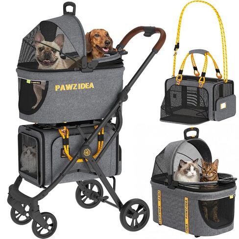 PAWZIDEA Double Pet Stroller with 2 Detachable Carrier, Lightweight Portable Travel Crate & Car Seat Combo & TSA-Approved Expandable Carrier, Foldable Jogger Stroller for 2–4 Cats or Small/Medium Dogs in Kuwait