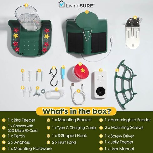 جهاز تغذية الطيور الذكي 2 في 1 من LivingSURE مع كاميرا خارجية تعمل بالطاقة الشمسية، كاميرا فيديو للبث المباشر مع تقنية التعرف على الذكاء الاصطناعي لتزيين حديقة الطيور البرية الخارجية - هدايا لمحبي الطيور in Kuwait