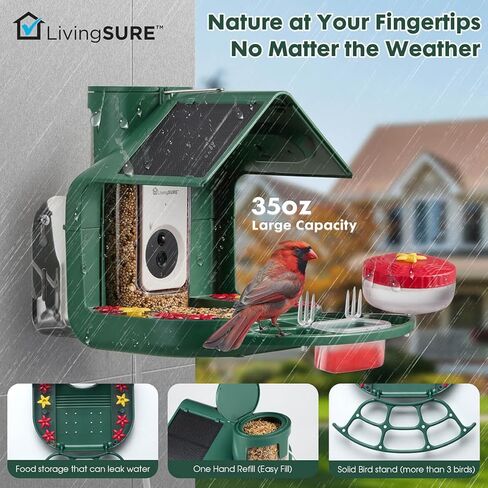 جهاز تغذية الطيور الذكي 2 في 1 من LivingSURE مع كاميرا خارجية تعمل بالطاقة الشمسية، كاميرا فيديو للبث المباشر مع تقنية التعرف على الذكاء الاصطناعي لتزيين حديقة الطيور البرية الخارجية - هدايا لمحبي الطيور in Kuwait