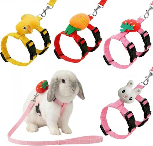4 Sets Adjustable Bunny Rabbit Harness and Leash Set Small Pet Cute Vest Harness Leash with Decoration for Bunny Ferret Small Pets(Designs: Rabbit/Carrot/Duck/Strawberry) in Kuwait