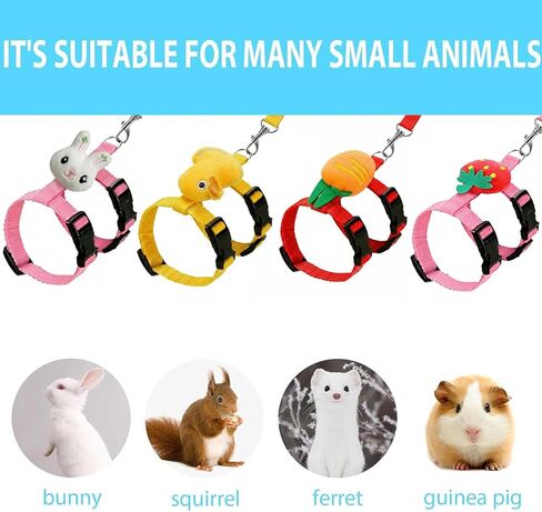 4 Sets Adjustable Bunny Rabbit Harness and Leash Set Small Pet Cute Vest Harness Leash with Decoration for Bunny Ferret Small Pets(Designs: Rabbit/Carrot/Duck/Strawberry) in Kuwait