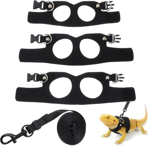 Bearded Dragon Leash and Harness Set 3 Size Adjustable Soft Leather Reptile Leash with Retractable Lizard Traction Rope for Small Animal Outdoor Walking Vest Squirrel Harness (Black) in Kuwait