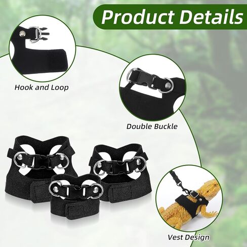 Bearded Dragon Leash and Harness Set 3 Size Adjustable Soft Leather Reptile Leash with Retractable Lizard Traction Rope for Small Animal Outdoor Walking Vest Squirrel Harness (Black) in Kuwait