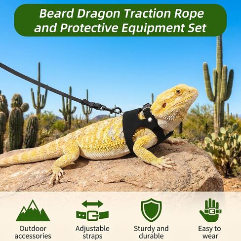 Bearded Dragon Leash and Harness Set 3 Size Adjustable Soft Leather Reptile Leash with Retractable Lizard Traction Rope for Small Animal Outdoor Walking Vest Squirrel Harness (Black) in Kuwait