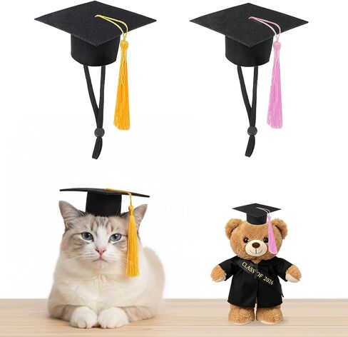 قبعات تخرج صغيرة مع شرابة ذهبية، 2 عبوة من قبعات التخرج الصغيرة السوداء، قبعات البكالوريوس للحيوانات الصغيرة لدعائم صور تخرج الحيوانات الأليفة القابلة للتعديل للقطط والكلاب وإكسسوارات أزياء العطلات in Kuwait