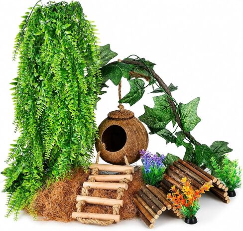 HERCOCCI Crested Gecko Tank Accessories, Reptile Hanging Plants Vines with Natural Coconut Shell Hideout & Climbing Ladder Decor for Hermit Crab Lizard Leopard Gecko Chameleon Snake Terrarium Decor in Kuwait