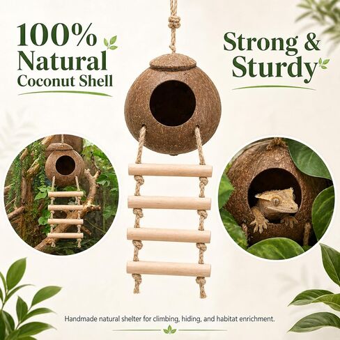 HERCOCCI Crested Gecko Tank Accessories, Reptile Hanging Plants Vines with Natural Coconut Shell Hideout & Climbing Ladder Decor for Hermit Crab Lizard Leopard Gecko Chameleon Snake Terrarium Decor in Kuwait