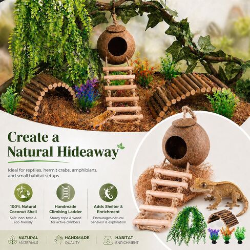HERCOCCI Crested Gecko Tank Accessories, Reptile Hanging Plants Vines with Natural Coconut Shell Hideout & Climbing Ladder Decor for Hermit Crab Lizard Leopard Gecko Chameleon Snake Terrarium Decor in Kuwait