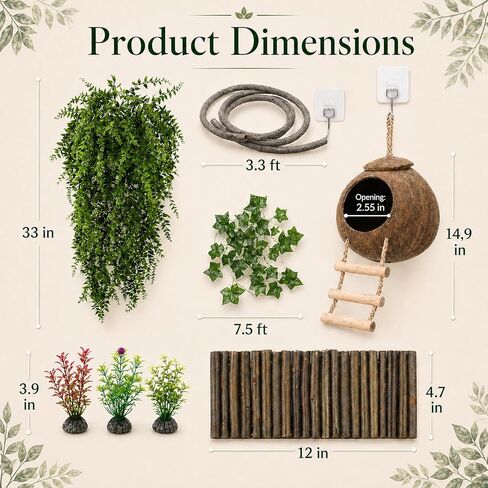 HERCOCCI Crested Gecko Tank Accessories, Reptile Hanging Plants Vines with Natural Coconut Shell Hideout & Climbing Ladder Decor for Hermit Crab Lizard Leopard Gecko Chameleon Snake Terrarium Decor in Kuwait