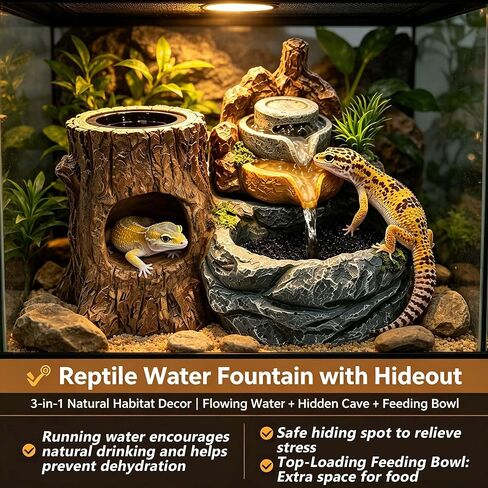 PurifyLogix 3 in 1 Reptile Water Fountain with Food Dish & Hideout, 550ML Reptile Waterfall Drinking Fountain, Reptile Water Dispenser for Bearded Dragon, Gecko, Lizard, Chameleon, Natural Resin in Kuwait