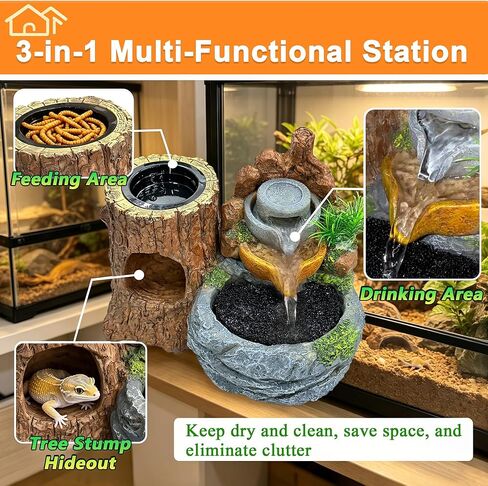 PurifyLogix 3 in 1 Reptile Water Fountain with Food Dish & Hideout, 550ML Reptile Waterfall Drinking Fountain, Reptile Water Dispenser for Bearded Dragon, Gecko, Lizard, Chameleon, Natural Resin in Kuwait