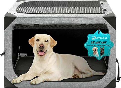 Dog Crate,36x25x25 Inch Large Dog Crate for Large or Medium Dogs, Portable and Foldable Design of Dog Cage, Perfect for Travel or Home Use, Dog Kennel with 3-Door and Durable Mesh Windows, Light Grey in Kuwait