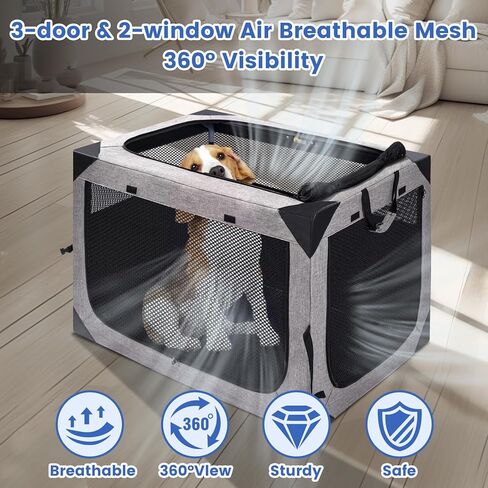 Dog Crate,36x25x25 Inch Large Dog Crate for Large or Medium Dogs, Portable and Foldable Design of Dog Cage, Perfect for Travel or Home Use, Dog Kennel with 3-Door and Durable Mesh Windows, Light Grey in Kuwait