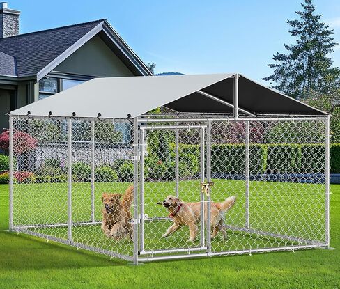 حاوية للكلاب في الهواء الطلق مقاس 10 × 10 بوصة من YITAHOME مع أوعية تغذية دوارة، وبيت للكلاب بالخارج مع سقف، وسياج للكلاب في الهواء الطلق للكلاب المتوسطة والكبيرة in Kuwait