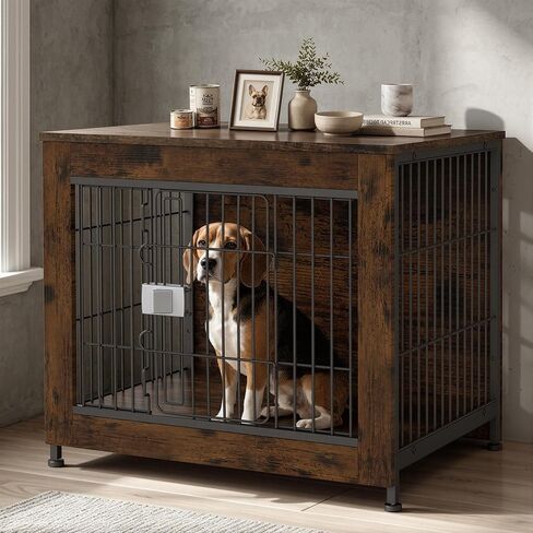 Wooden Dog Crate Furniture, 27in Dog Cage Furniture with Slide Safety Latch, Indoor Decorative End Table for High Anxiety Dogs, Furniture Style Dog Crate for Small to Medium Dogs, Aged Black in Kuwait