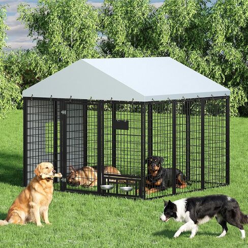 Dog Kennel Outdoor with Rotating Feeding Bowls, Heavy Duty Dog Crate with Cover, Double Locks & Feeding Reminder Tag, for Large/Medium/Small Dogs, Black in Kuwait
