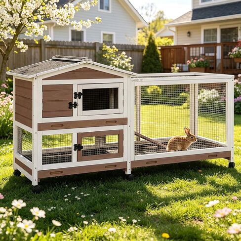 Large Rabbit Hutch Indoor, Bunny Cage Outdoor with Chew-Proof Ramp, 2-Story Guinea Pig Cages with 6 Wheels, 3 Pull-Out Trays, Waterproof Asphalt Roof, 62" L - Grey in Kuwait