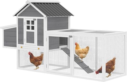 PawHut 82" Wooden Chicken Coop, Large Outdoor Hen House Poultry Hutch for 2-3 Hens, Chicken House with Nesting Box, Pull-on Tray, Waterproof Roof, Ramp and Roosting Bars for Backyard, Gray in Kuwait