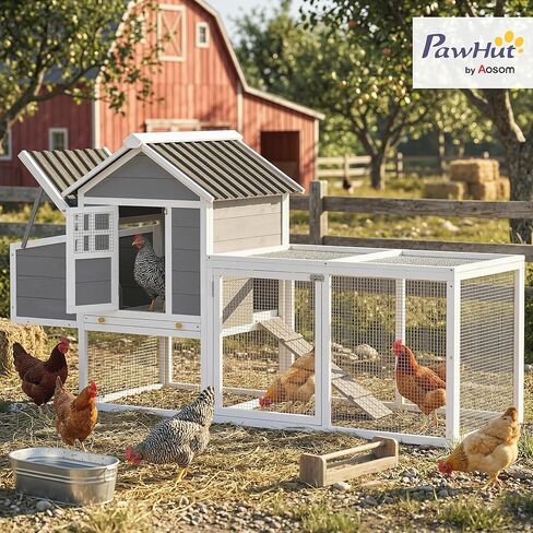 PawHut 82" Wooden Chicken Coop, Large Outdoor Hen House Poultry Hutch for 2-3 Hens, Chicken House with Nesting Box, Pull-on Tray, Waterproof Roof, Ramp and Roosting Bars for Backyard, Gray in Kuwait
