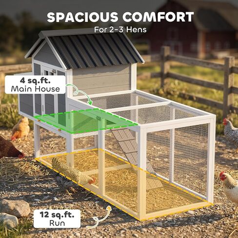 PawHut 82" Wooden Chicken Coop, Large Outdoor Hen House Poultry Hutch for 2-3 Hens, Chicken House with Nesting Box, Pull-on Tray, Waterproof Roof, Ramp and Roosting Bars for Backyard, Gray in Kuwait