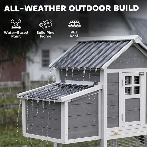 PawHut 82" Wooden Chicken Coop, Large Outdoor Hen House Poultry Hutch for 2-3 Hens, Chicken House with Nesting Box, Pull-on Tray, Waterproof Roof, Ramp and Roosting Bars for Backyard, Gray in Kuwait