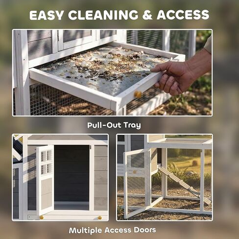 PawHut 82" Wooden Chicken Coop, Large Outdoor Hen House Poultry Hutch for 2-3 Hens, Chicken House with Nesting Box, Pull-on Tray, Waterproof Roof, Ramp and Roosting Bars for Backyard, Gray in Kuwait