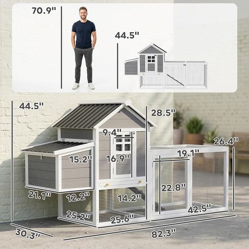 PawHut 82" Wooden Chicken Coop, Large Outdoor Hen House Poultry Hutch for 2-3 Hens, Chicken House with Nesting Box, Pull-on Tray, Waterproof Roof, Ramp and Roosting Bars for Backyard, Gray in Kuwait