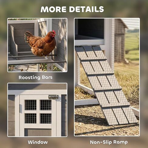 PawHut 82" Wooden Chicken Coop, Large Outdoor Hen House Poultry Hutch for 2-3 Hens, Chicken House with Nesting Box, Pull-on Tray, Waterproof Roof, Ramp and Roosting Bars for Backyard, Gray in Kuwait