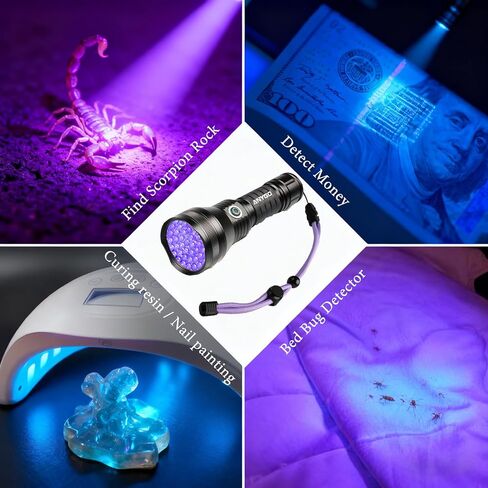51 مصباح LED أسود قابل لإعادة الشحن، مصباح يدوي للأشعة فوق البنفسجية 395 نانومتر، جهاز محمول للكشف عن بول الحيوانات الأليفة بالأشعة فوق البنفسجية لبقع الكلاب والقطط، بق الفراش، العقارب، معالجة الراتنج، متضمنة البطارية in Kuwait