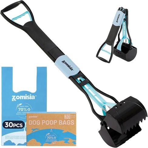 ZOMISIA 32" Pooper Scooper with Waste Bags - Poop Scooper for Large Dogs with Long Handle High Strength Material and Durable Spring for Yard, 30 Count Poop Bags in Kuwait