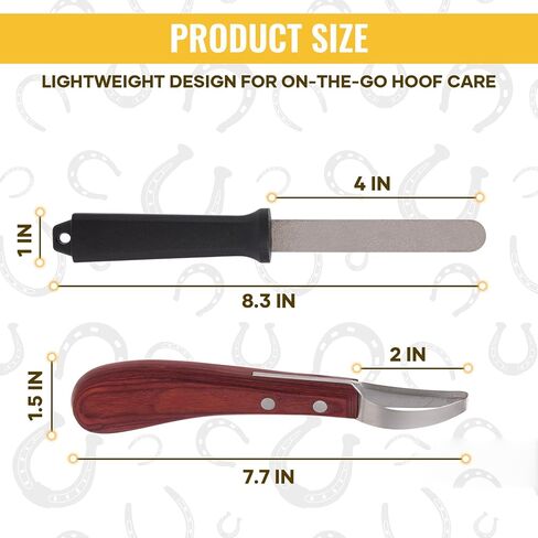 Hoof Knife with Sharpener, 2 PCS Professional Farrier Kit, Curved Stainless Steel Trimming Knife & 400/800 Grit Diamond Rod, Ergonomic Wood Handle, Rust-Resistant for Horses, Cattle in Kuwait