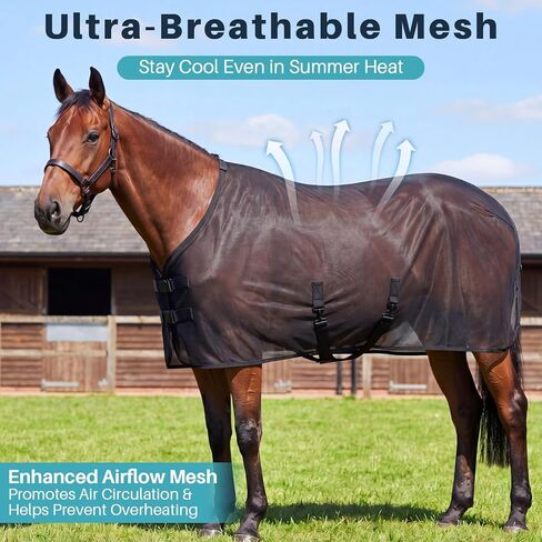 Hsei Horse Fly Sheet شبكة سوداء قابلة للتنفس للحماية من الأشعة فوق البنفسجية للخيول الصيفية مقاس 70 قابل للتعديل لحماية الذبابة من أجل المراعي، بطانية حصان خفيفة الوزن ومتينة، تصميم سهل الملاءمة in Kuwait
