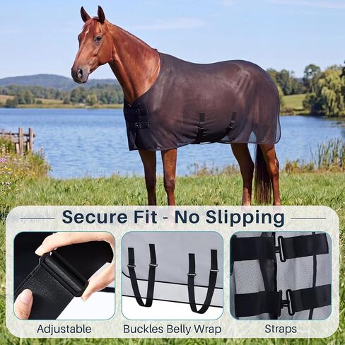 Hsei Horse Fly Sheet شبكة سوداء قابلة للتنفس للحماية من الأشعة فوق البنفسجية للخيول الصيفية مقاس 70 قابل للتعديل لحماية الذبابة من أجل المراعي، بطانية حصان خفيفة الوزن ومتينة، تصميم سهل الملاءمة in Kuwait