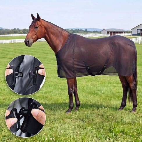 Hsei Horse Fly Sheet شبكة سوداء قابلة للتنفس للحماية من الأشعة فوق البنفسجية للخيول الصيفية مقاس 70 قابل للتعديل لحماية الذبابة من أجل المراعي، بطانية حصان خفيفة الوزن ومتينة، تصميم سهل الملاءمة in Kuwait