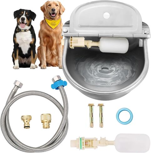 Automatic Animal Drinking Water Bowl, 304 Stainless Steel Livestock Waterer with Float Valves, 39" Pipe Hose, 1/2" to 3/4" Adapter, Water Trough for Dog, Horse, Goat, Pig, Cow in Kuwait