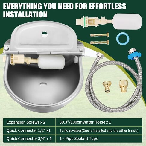 Automatic Animal Drinking Water Bowl, 304 Stainless Steel Livestock Waterer with Float Valves, 39" Pipe Hose, 1/2" to 3/4" Adapter, Water Trough for Dog, Horse, Goat, Pig, Cow in Kuwait