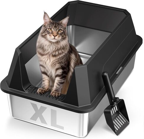 Stainless Steel Litter Box with High Sides, XL High Sided Cat Litter Pan, Open Top Extra Large Metal Cat Litter Box, Non-Stick, Odor Free, Leakproof, Scoop Included, Gray in Saudi Arabia