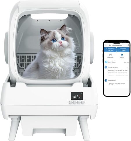 Automatic Cat Litter Box Self Cleaning - App Control, Cat Toilet Records, Suitable for Big Cats, Medium Cats, Kittens and Multi-Cat Families, Anti-Pinch, Low Noise【Assembly Required】- White in Kuwait